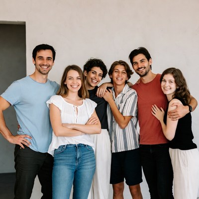 Group of six smiling diverse people