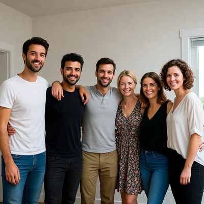 Group of six friends smiling together