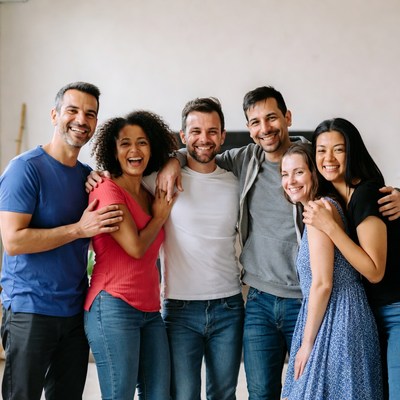 Diverse group smiling in group hug