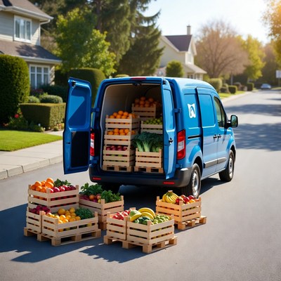 Blue Delivery Van Loaded with Fresh Produce