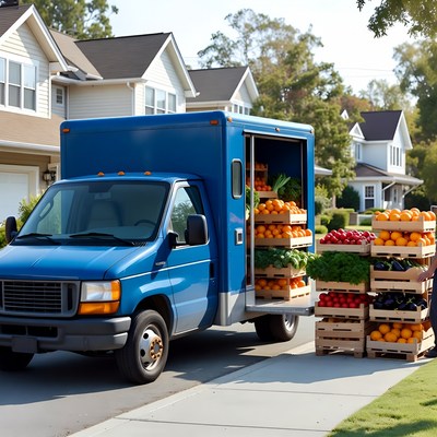 Blue produce delivery truck parked suburban street