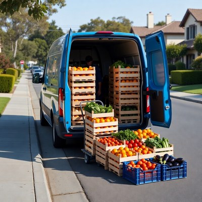 Blue Delivery Van Loaded with Fresh Produce