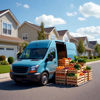Blue Delivery Van with Fresh Produce Crates