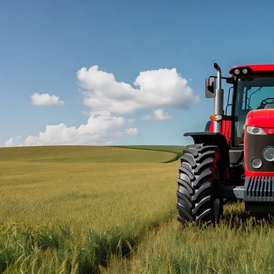 Red Tractor in Green Wheat Field