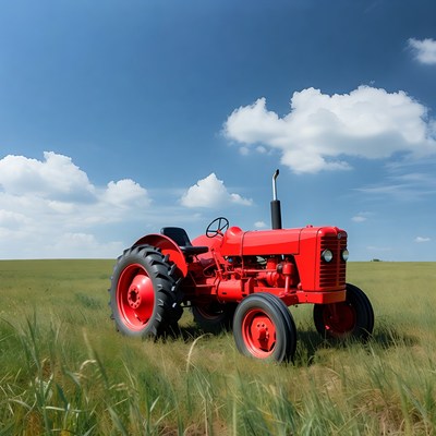 Red vintage tractor in green field