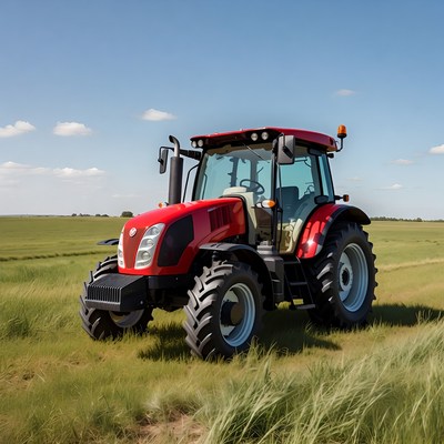 Red tractor in green field