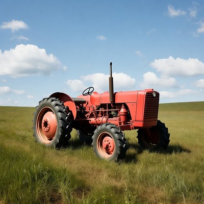 Red vintage tractor in green field