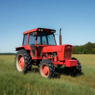 Red tractor in green field