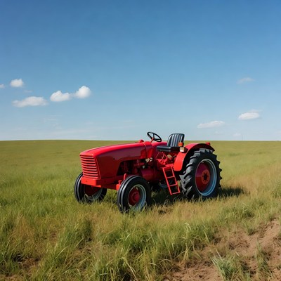 Red tractor in green field
