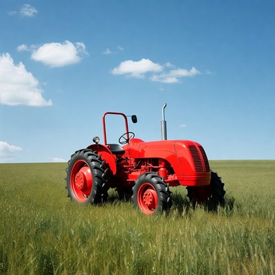 Red tractor in green field