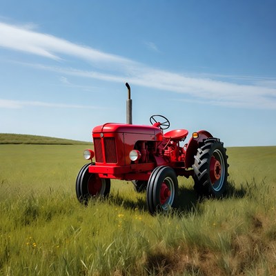 Red tractor in green field