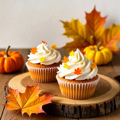 Autumn Cupcakes with Frosting and Leaves