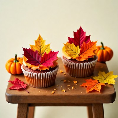 Cupcakes with autumn maple leaves