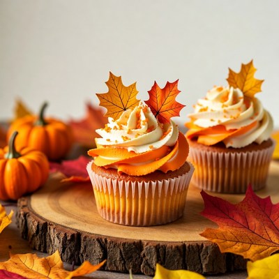Autumn Pumpkin Cupcakes with Maple Leaves