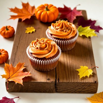 Orange Cupcakes with Autumn Leaves Pumpkins