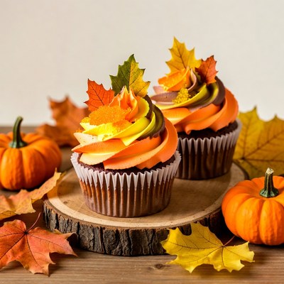Autumn Cupcakes with Leaves and Pumpkins