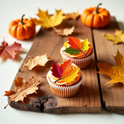 Autumn Cupcakes with Maple Leaves Pumpkins