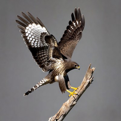 Hawk perched on branch with wings spread