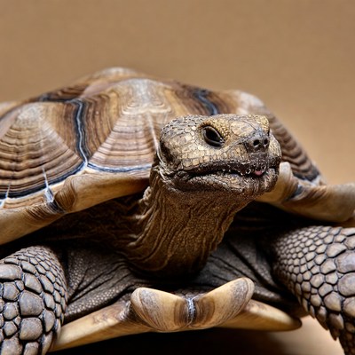 Close-up of tortoise on brown background