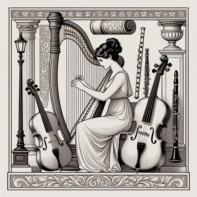 Woman Playing Harp with Orchestra Instruments