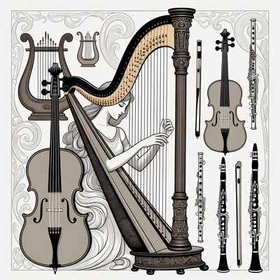 Woman playing harp with orchestra instruments