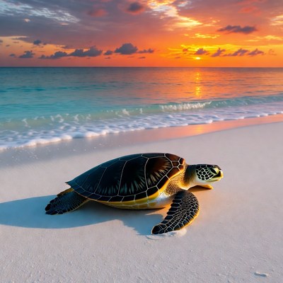 Sea Turtle on Beach at Sunset