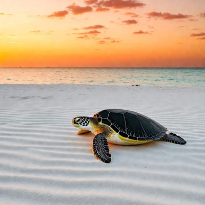 Sea Turtle on Beach at Sunset
