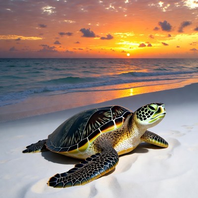 Sea Turtle on Beach at Sunset