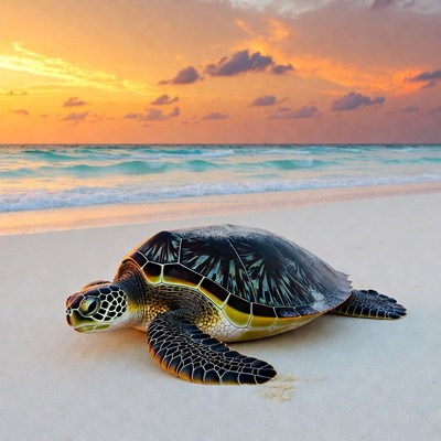 Sea Turtle on Beach at Sunset