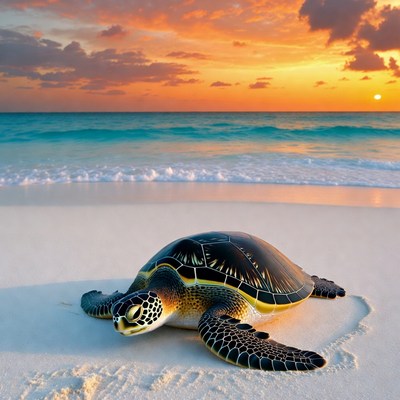 Sea Turtle on Beach at Sunset