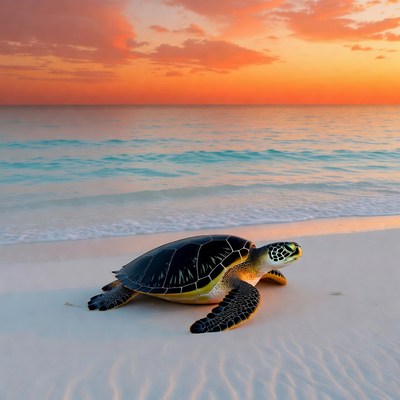 Sea Turtle on Beach at Sunset