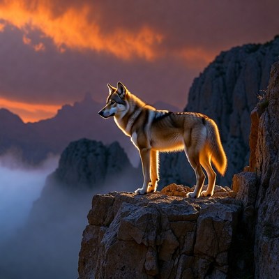 Wolf standing on mountain cliff at sunset