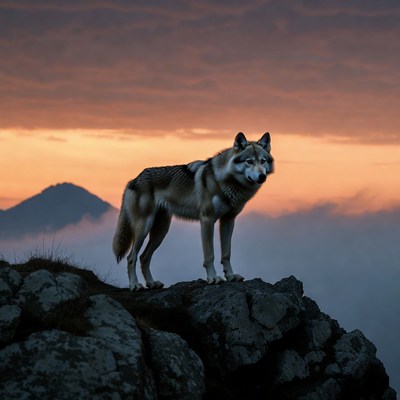 Gray Wolf Standing on Mountain Cliff