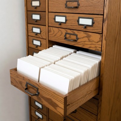 Open wooden file drawer with white cards