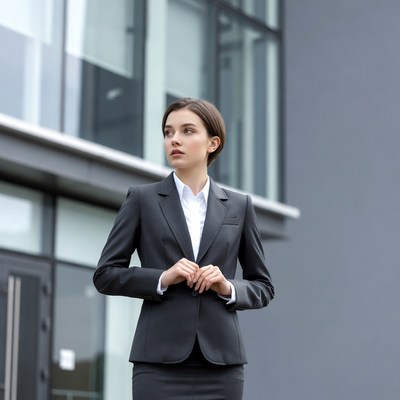 Woman in gray suit outside building