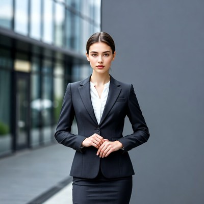 Business woman in suit by glass building
