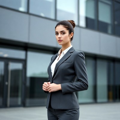 Business woman in suit outside office building