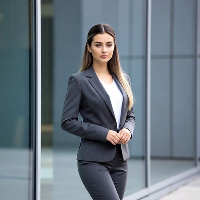 Woman in gray suit by glass building