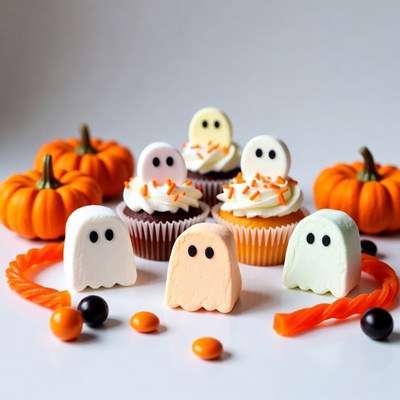 Halloween Ghost Cupcakes with Pumpkins