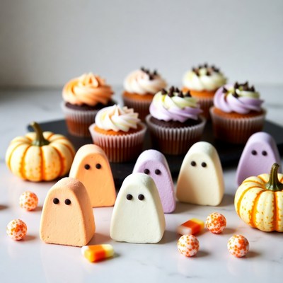 Halloween Ghost Cupcakes and Pumpkins