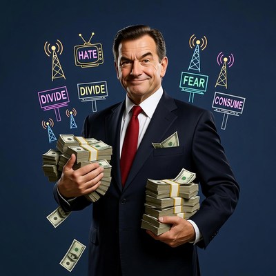 Man holding cash with media propaganda signs