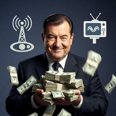 Smiling man holding stacks of money