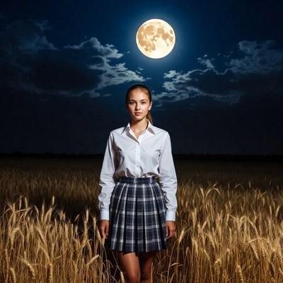 Girl in plaid skirt standing in moonlit wheat field