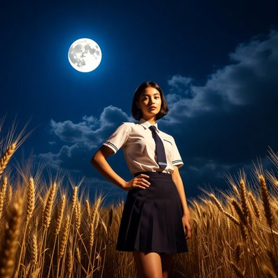 Asian girl in school uniform wheat field moon