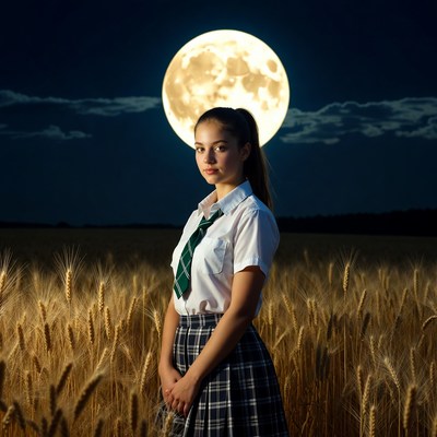 Girl in school uniform in wheat field moon