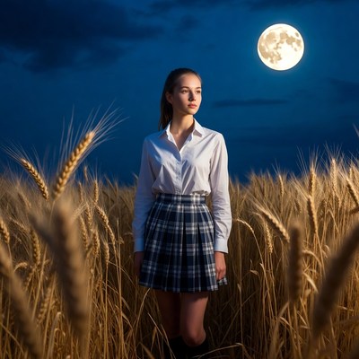 Girl in school uniform in wheat field moonlit night