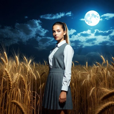 Girl in school uniform in wheat field