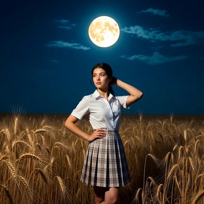 Girl in school uniform in wheat field under moon