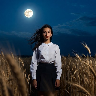 Girl in school uniform in wheat field at night