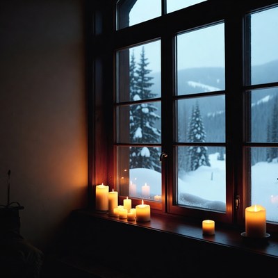 Candles by window with snowy mountain view